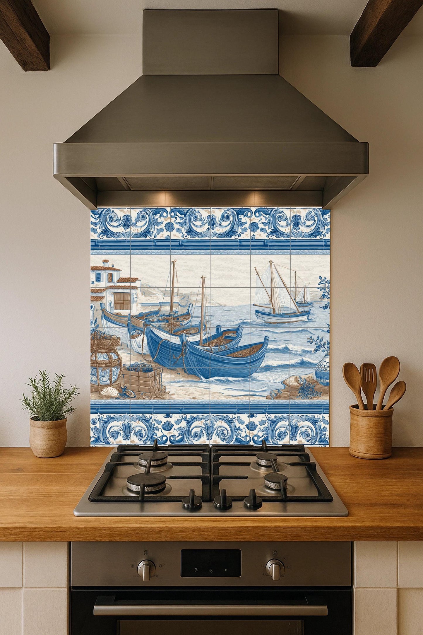 Tile mural with Mediterranean fishing boats / Coastal mural art / Blue ceramic tiles / Traditional coastal decor / Handmade nautical accent