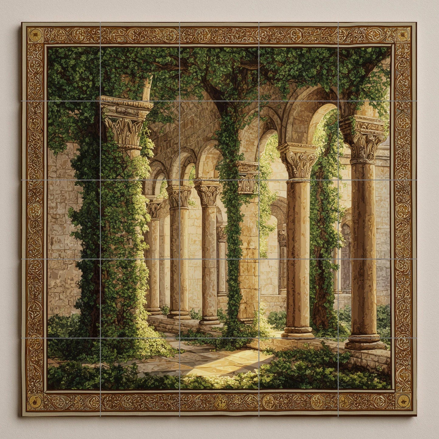 Medieval cloister tile mural / Gothic architectural wall art / Ivy-covered arch decoration / Handmade ceramic tiles / Vintage accent