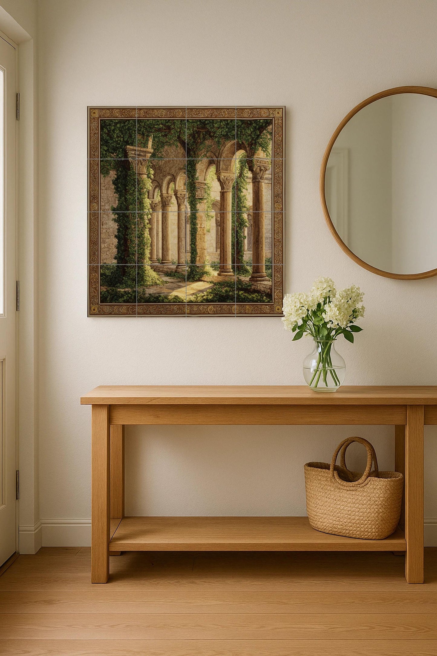 Medieval cloister tile mural / Gothic architectural wall art / Ivy-covered arch decoration / Handmade ceramic tiles / Vintage accent
