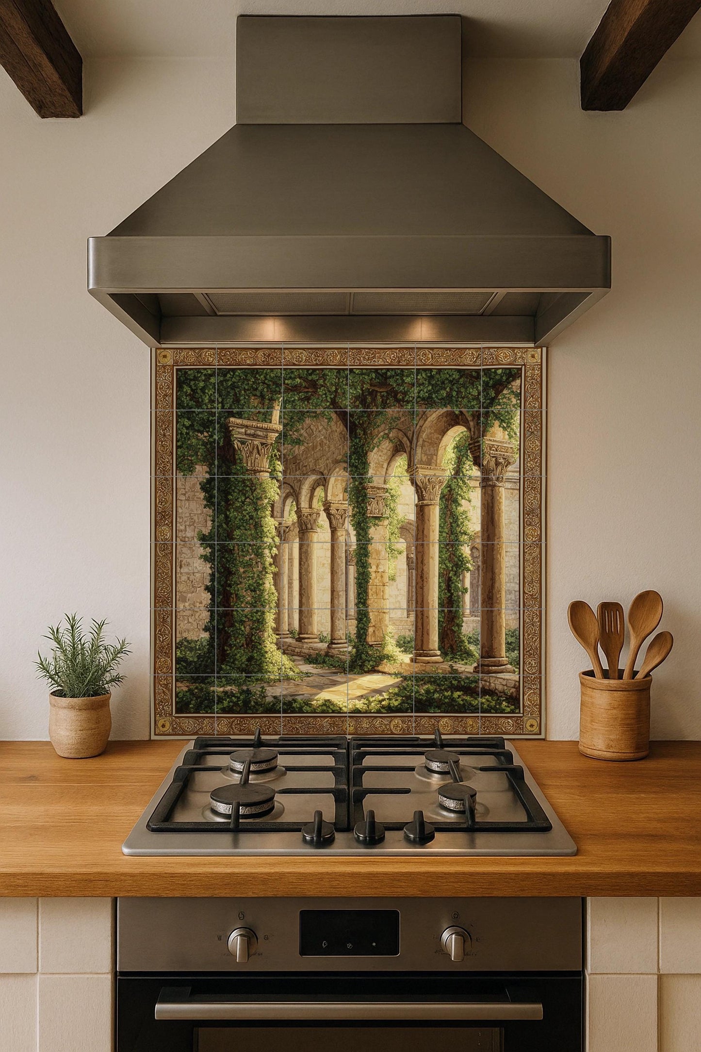 Medieval cloister tile mural / Gothic architectural wall art / Ivy-covered arch decoration / Handmade ceramic tiles / Vintage accent