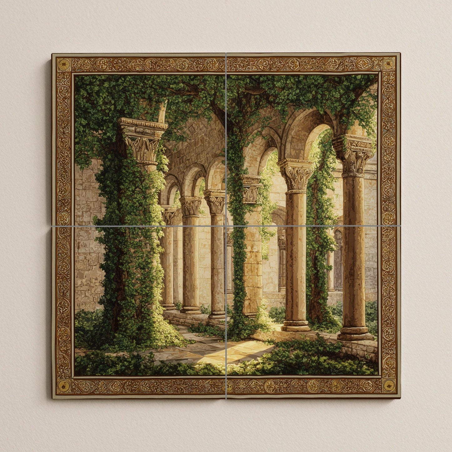Medieval cloister tile mural / Gothic architectural wall art / Ivy-covered arch decoration / Handmade ceramic tiles / Vintage accent