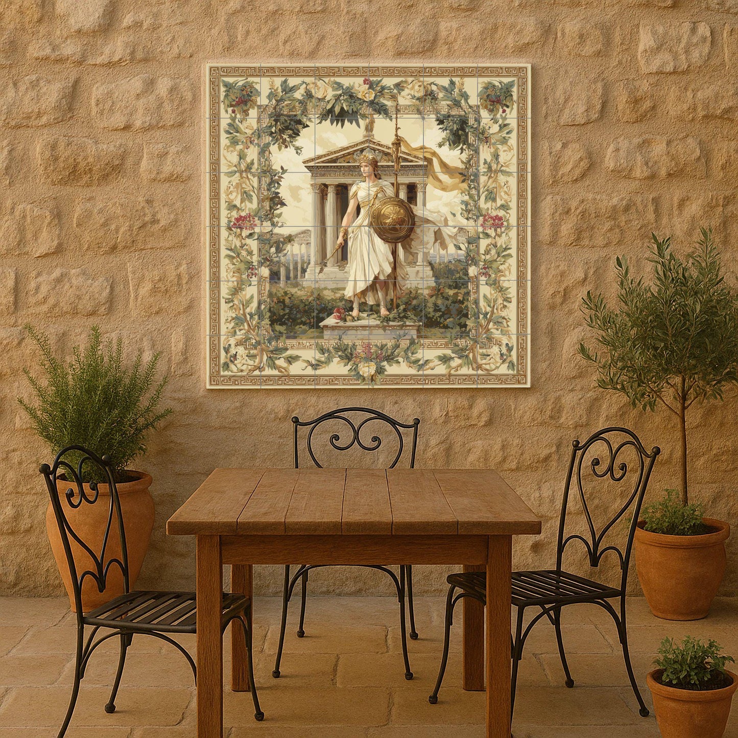 Athena tile mural / Greek goddess wall art / Classical Greek decor / Mediterranean ceramic tiles / Mythology and architecture