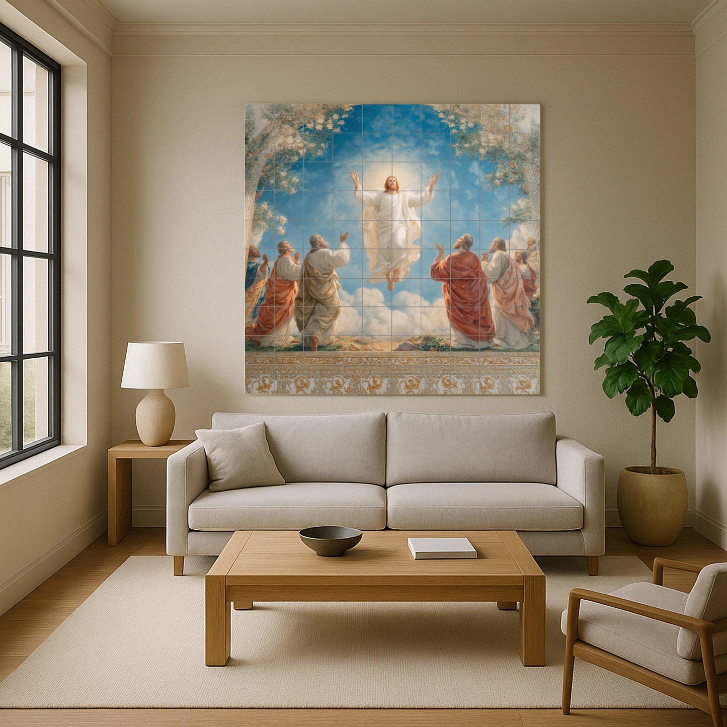 Tile mural of the Ascension of Christ / Religious mural art / Sacred ceramic decoration / Christian faith mural / Mediterranean style accent
