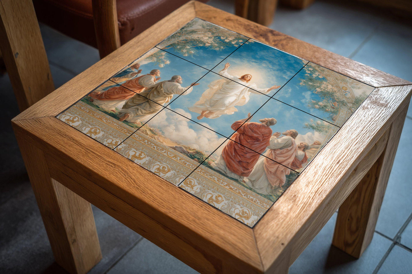 Tile mural of the Ascension of Christ / Religious mural art / Sacred ceramic decoration / Christian faith mural / Mediterranean style accent