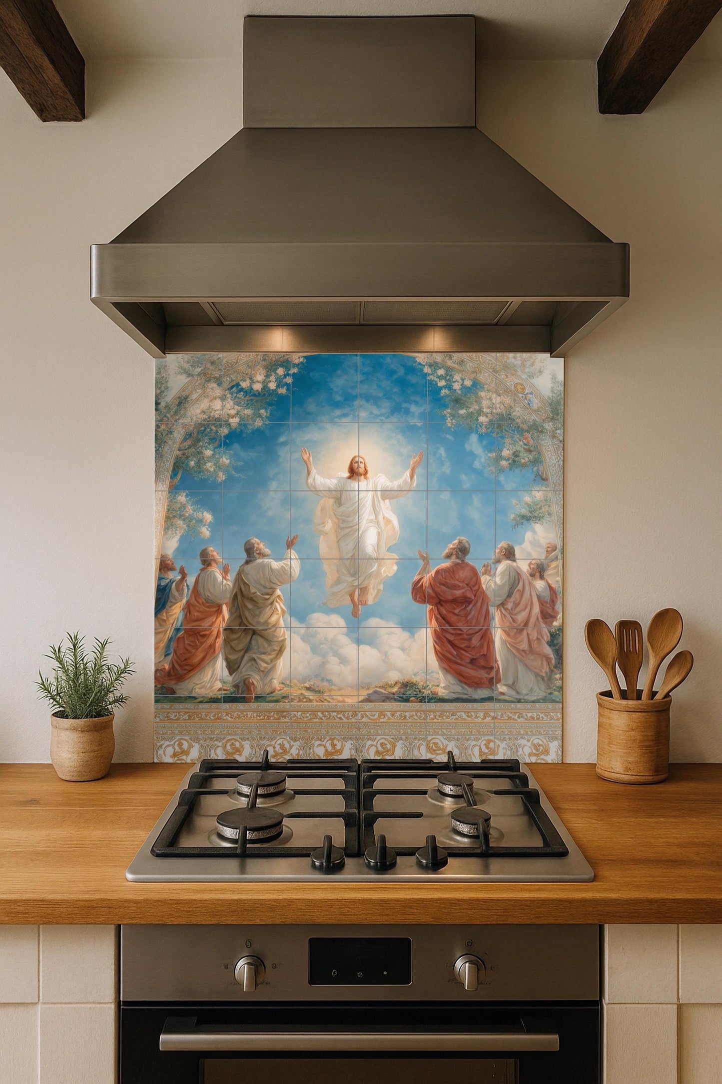 Tile mural of the Ascension of Christ / Religious mural art / Sacred ceramic decoration / Christian faith mural / Mediterranean style accent
