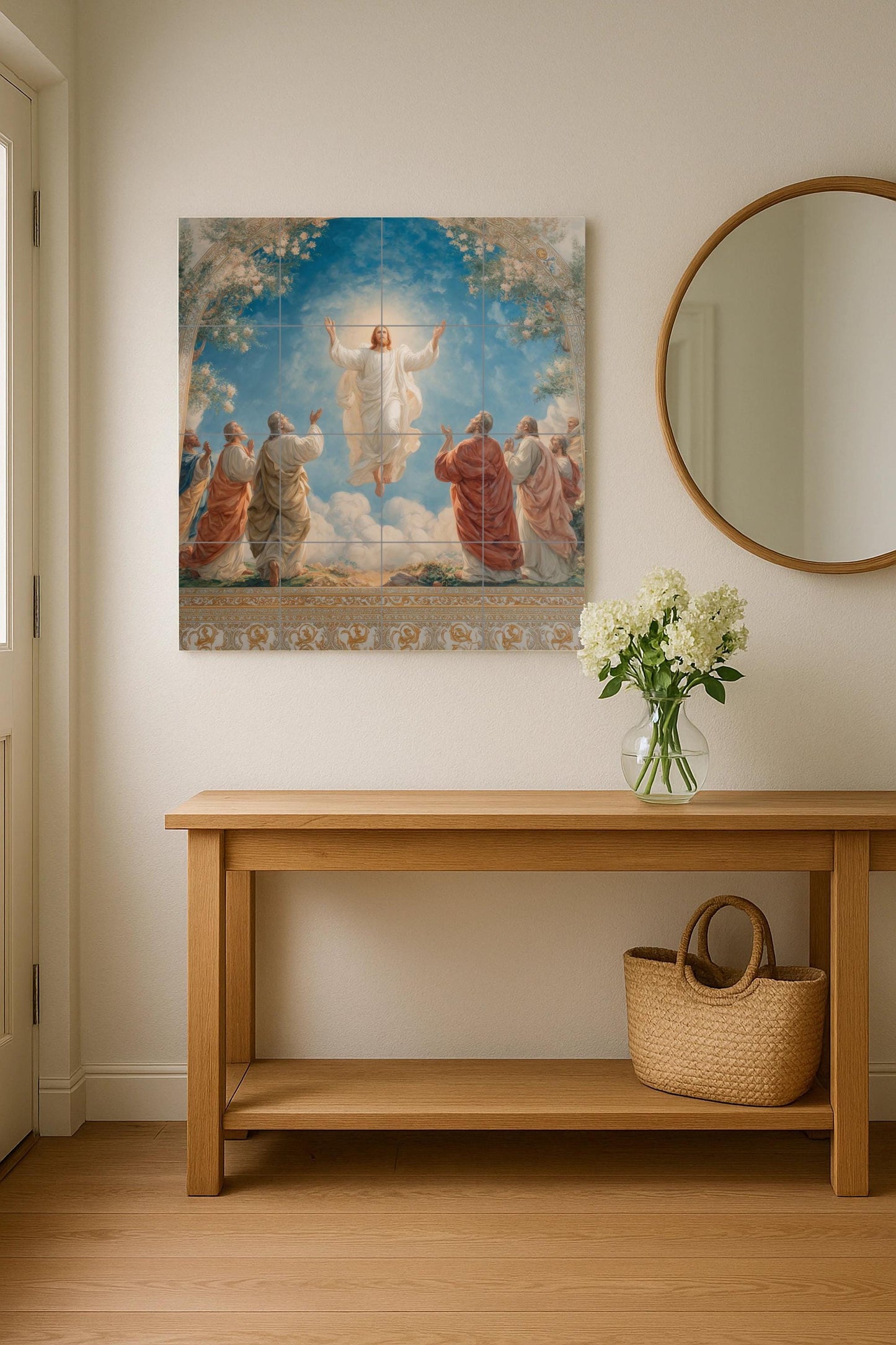 Tile mural of the Ascension of Christ / Religious mural art / Sacred ceramic decoration / Christian faith mural / Mediterranean style accent