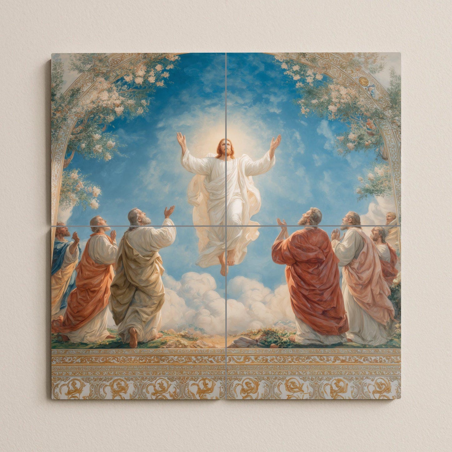 Tile mural of the Ascension of Christ / Religious mural art / Sacred ceramic decoration / Christian faith mural / Mediterranean style accent