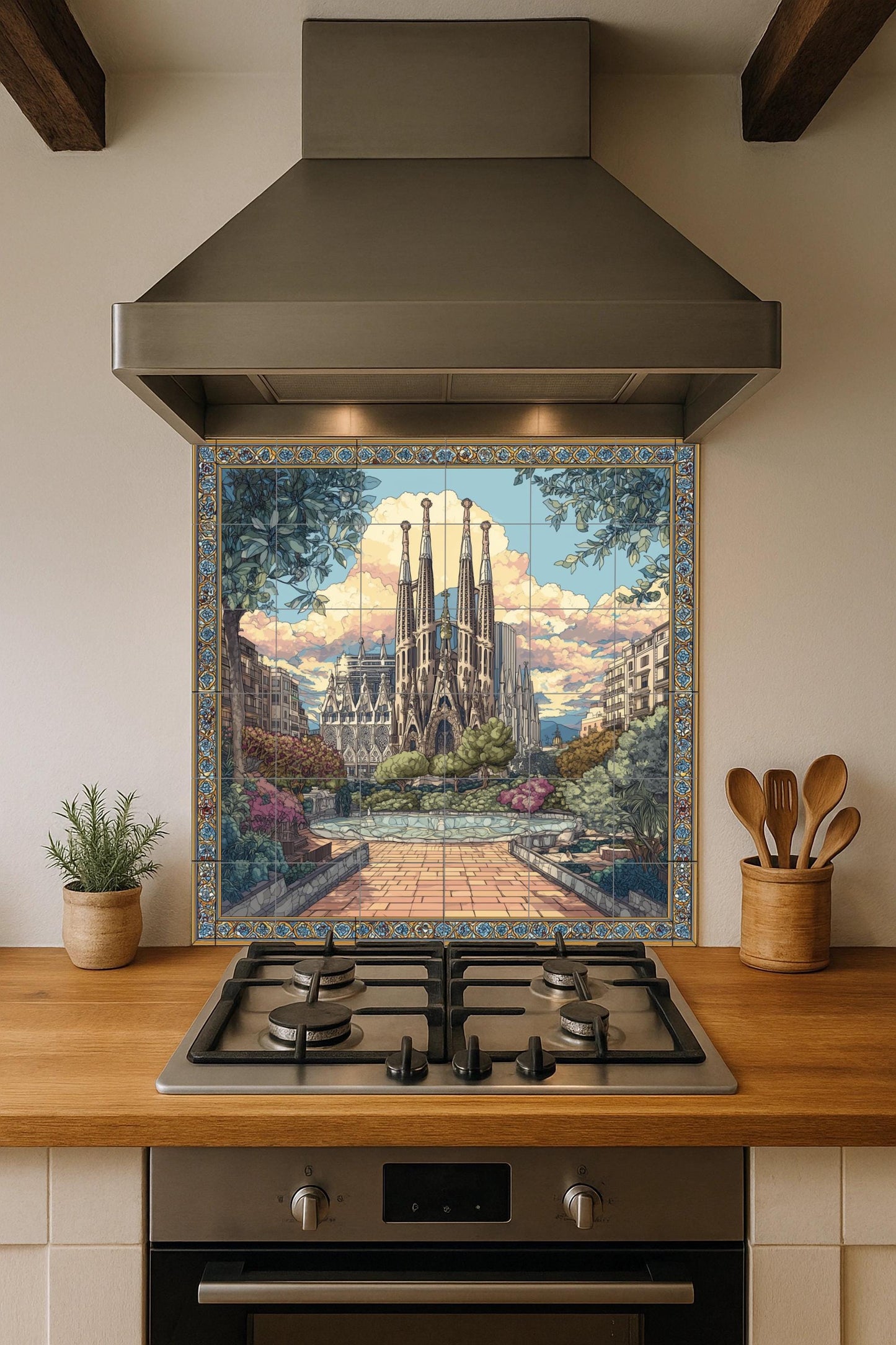 Tile mural of the Sagrada Familia / Mural art of Barcelona / Mediterranean decoration / Masterpiece of Gaudí's architecture / Accents of Spanish ceramic tiles