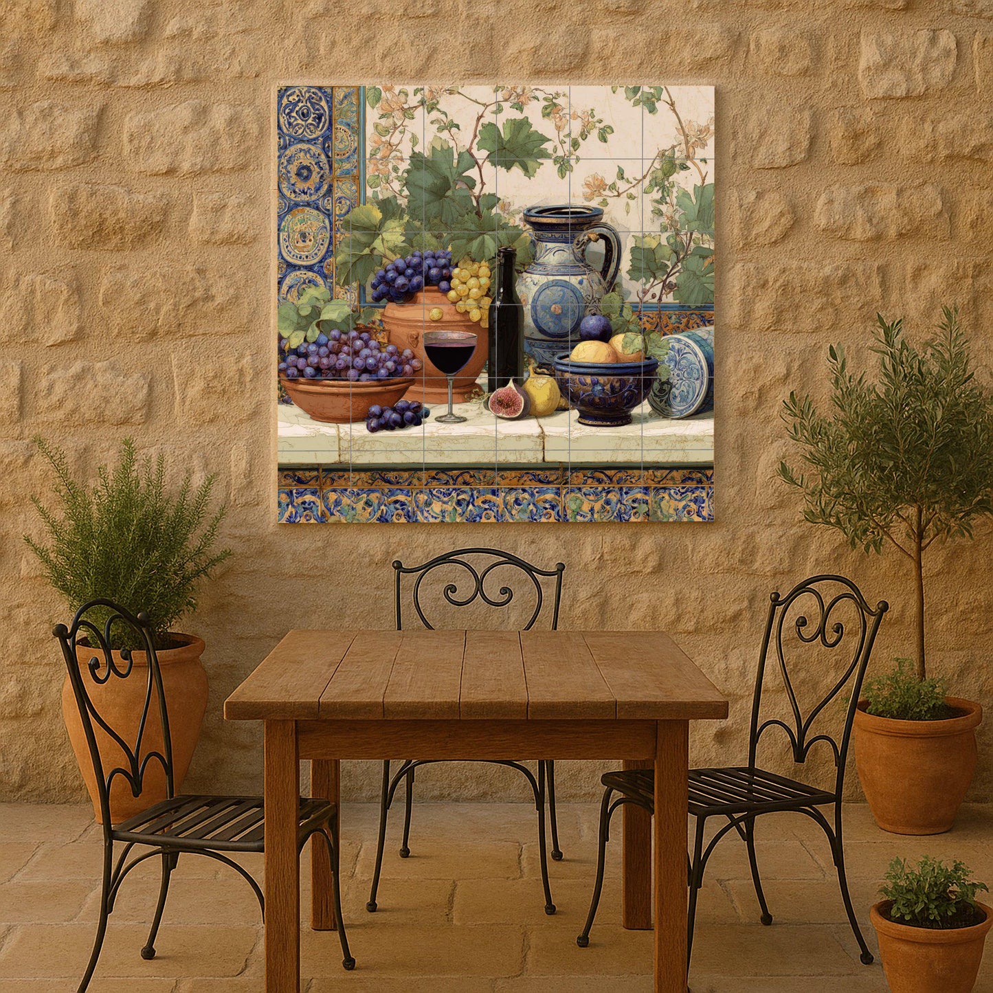 Mediterranean vineyard tile mural / Spanish still life decor / Ceramic wall art / Tiles with wine and grape accents / Handmade ceramics