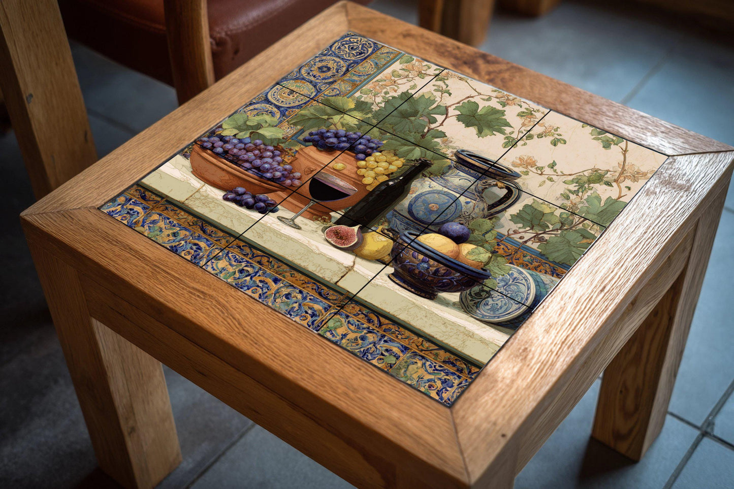 Mediterranean vineyard tile mural / Spanish still life decor / Ceramic wall art / Tiles with wine and grape accents / Handmade ceramics