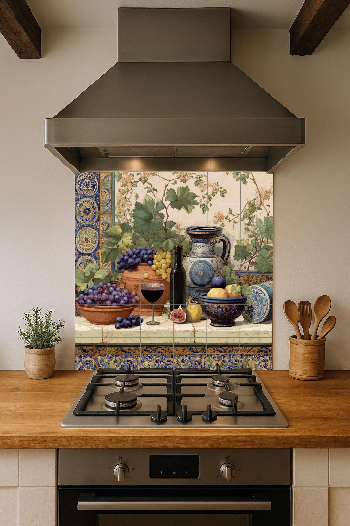 Mediterranean vineyard tile mural / Spanish still life decor / Ceramic wall art / Tiles with wine and grape accents / Handmade ceramics