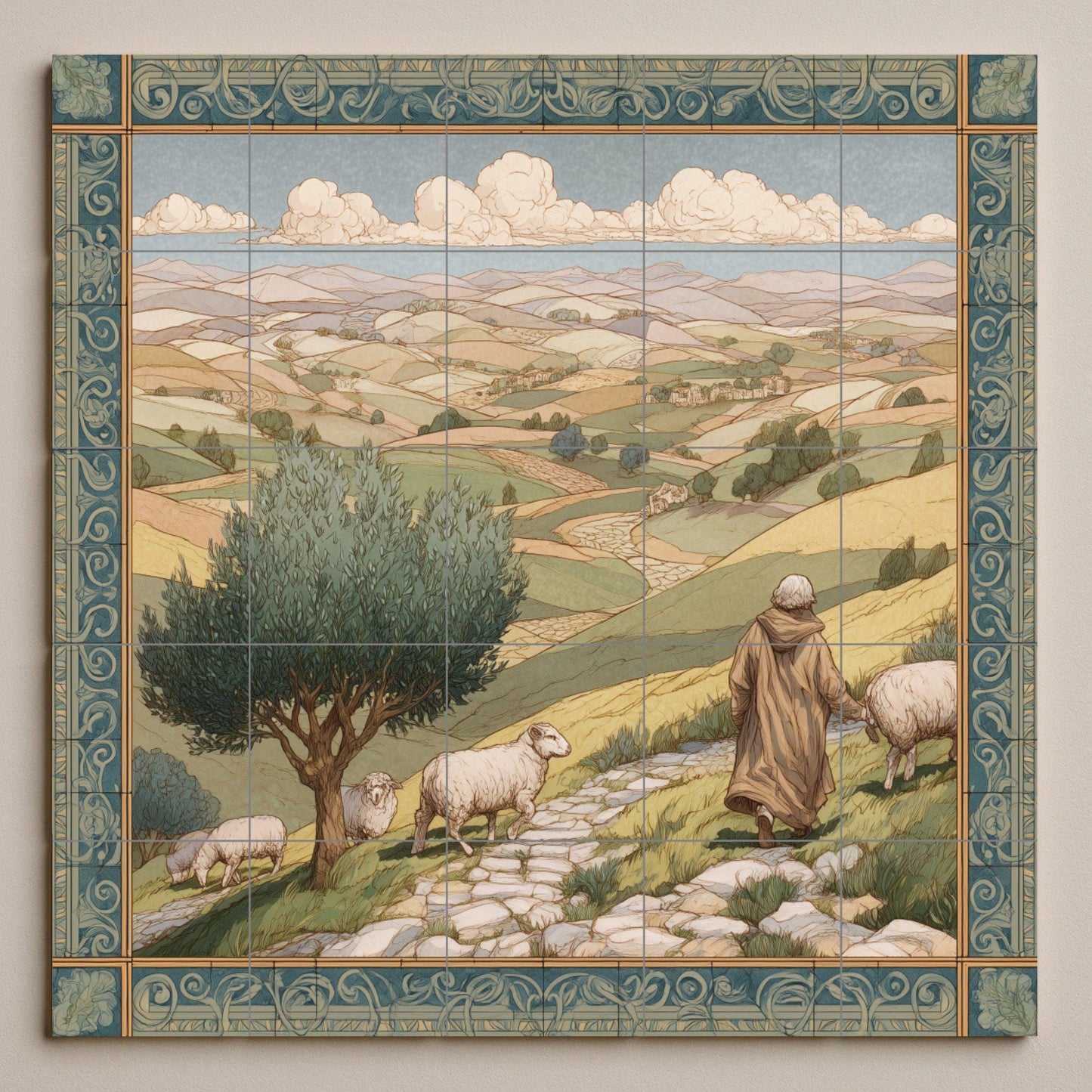 Shepherd tile mural / Pastoral landscape wall art / Mediterranean decor / Rolling hills and olive trees / Rustic ceramic tile accent