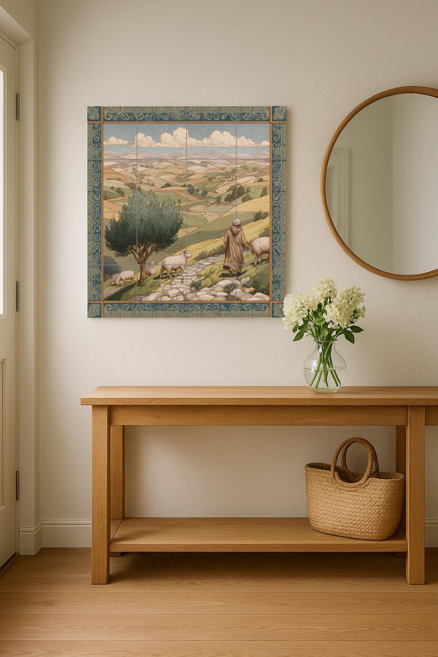 Shepherd tile mural / Pastoral landscape wall art / Mediterranean decor / Rolling hills and olive trees / Rustic ceramic tile accent