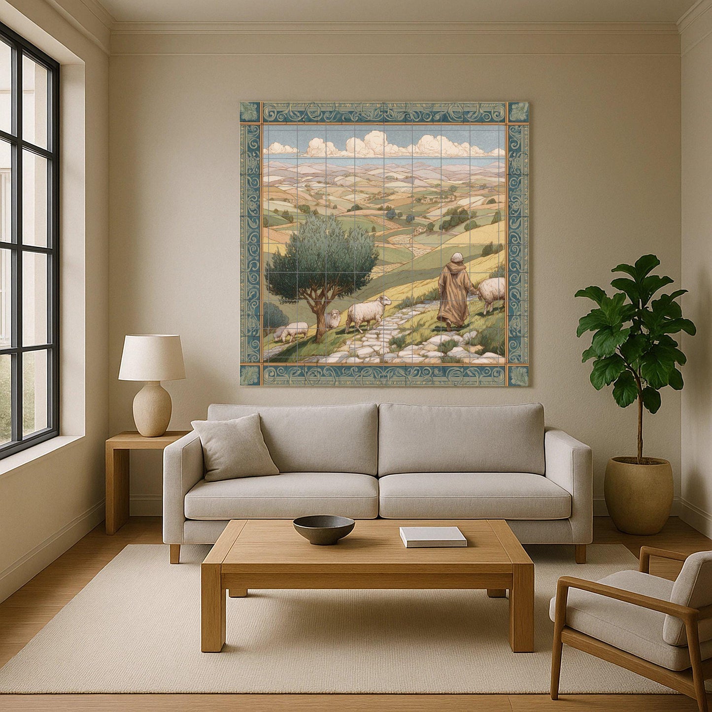 Shepherd tile mural / Pastoral landscape wall art / Mediterranean decor / Rolling hills and olive trees / Rustic ceramic tile accent