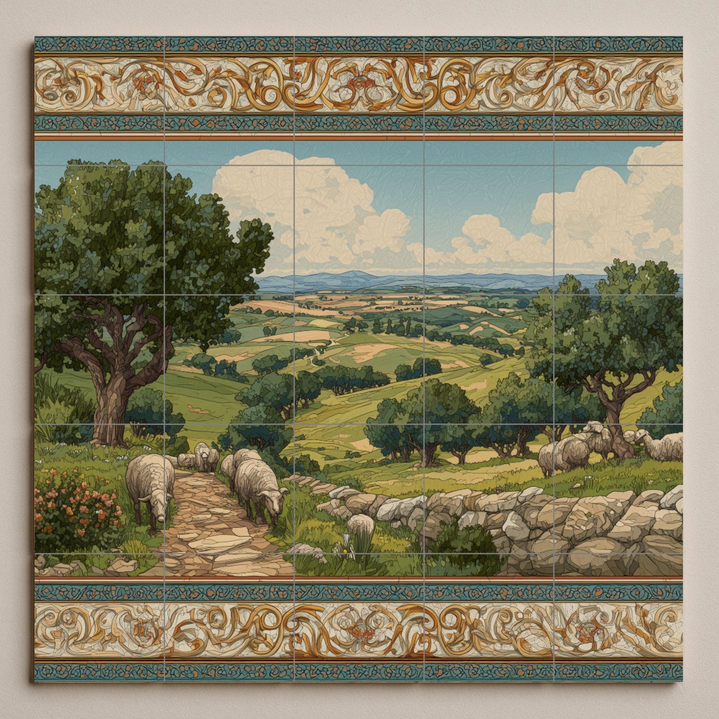 Tile mural with pastoral landscape / Countryside wall art / Mediterranean decor / Rolling hills scene / Handmade ceramic tile