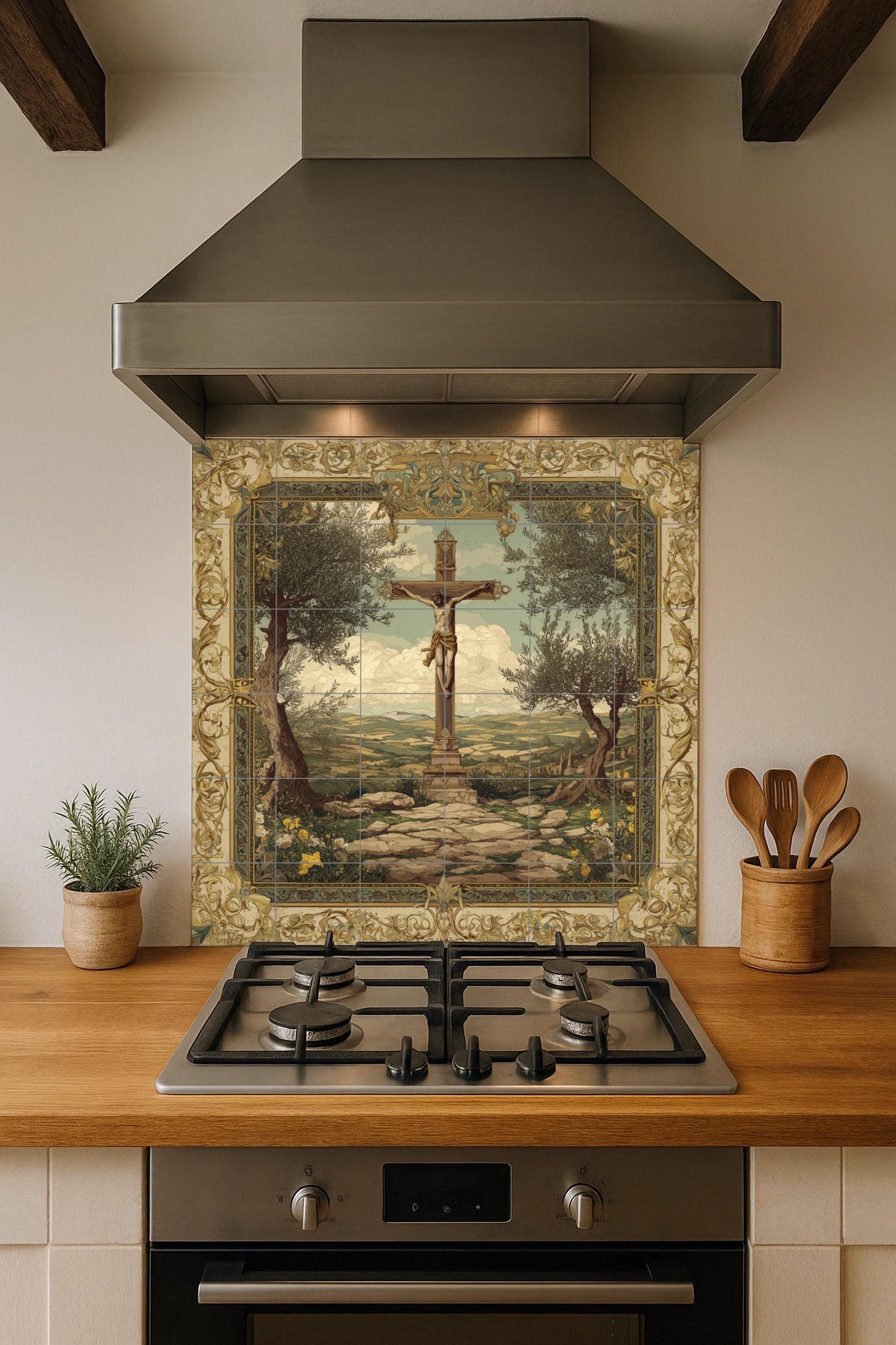 Crucifixion tile mural / Christian mural art / Religious decoration / Sacred ceramic tiles / Accents of faith / Mediterranean olive trees