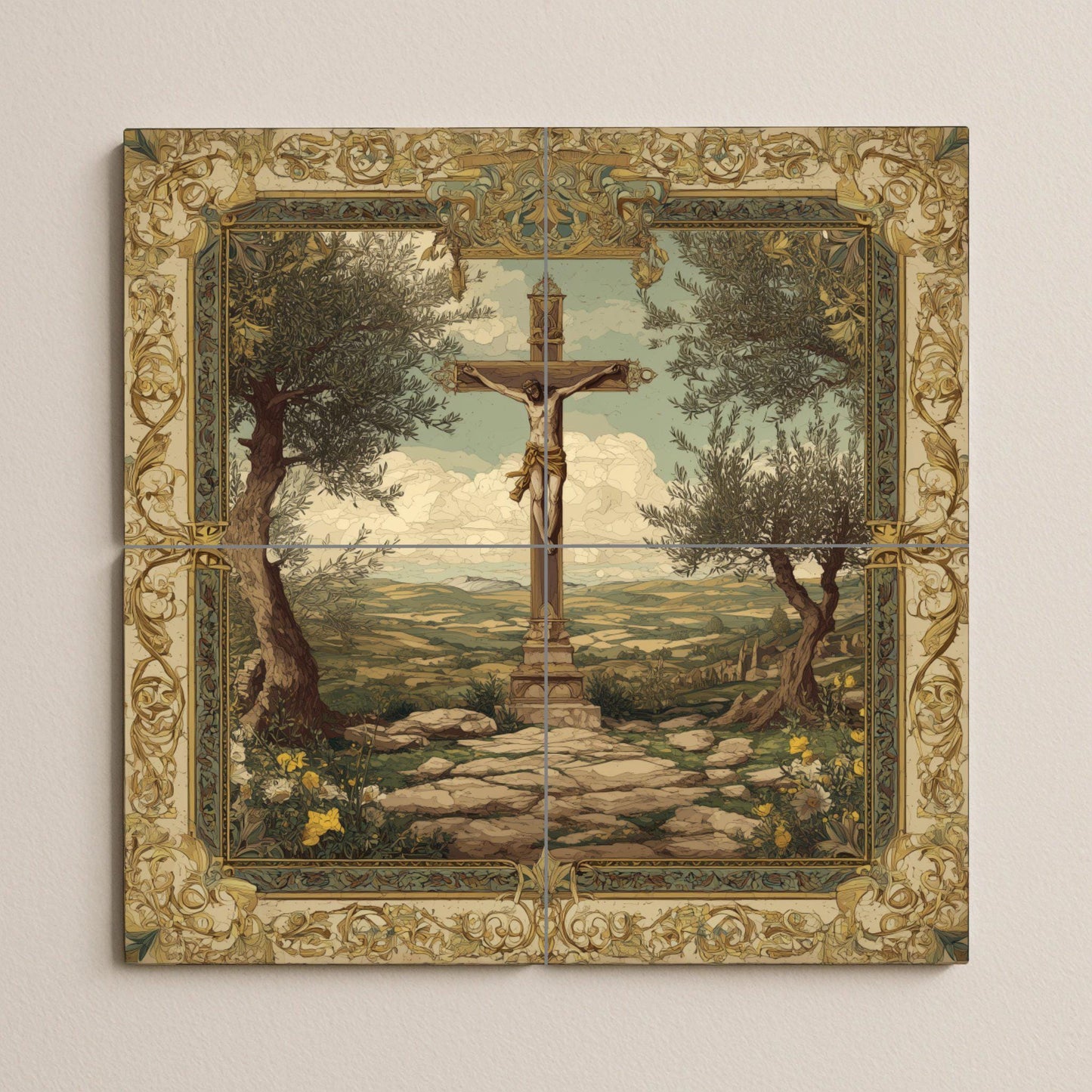 Crucifixion tile mural / Christian mural art / Religious decoration / Sacred ceramic tiles / Accents of faith / Mediterranean olive trees