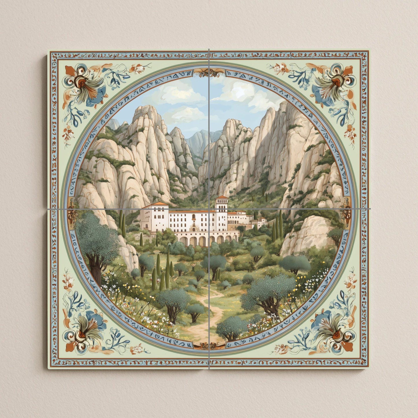 Montserrat tile mural / Catalan landscape art / Spanish wall decoration / Mountain monastery scene / Handmade ceramic tile