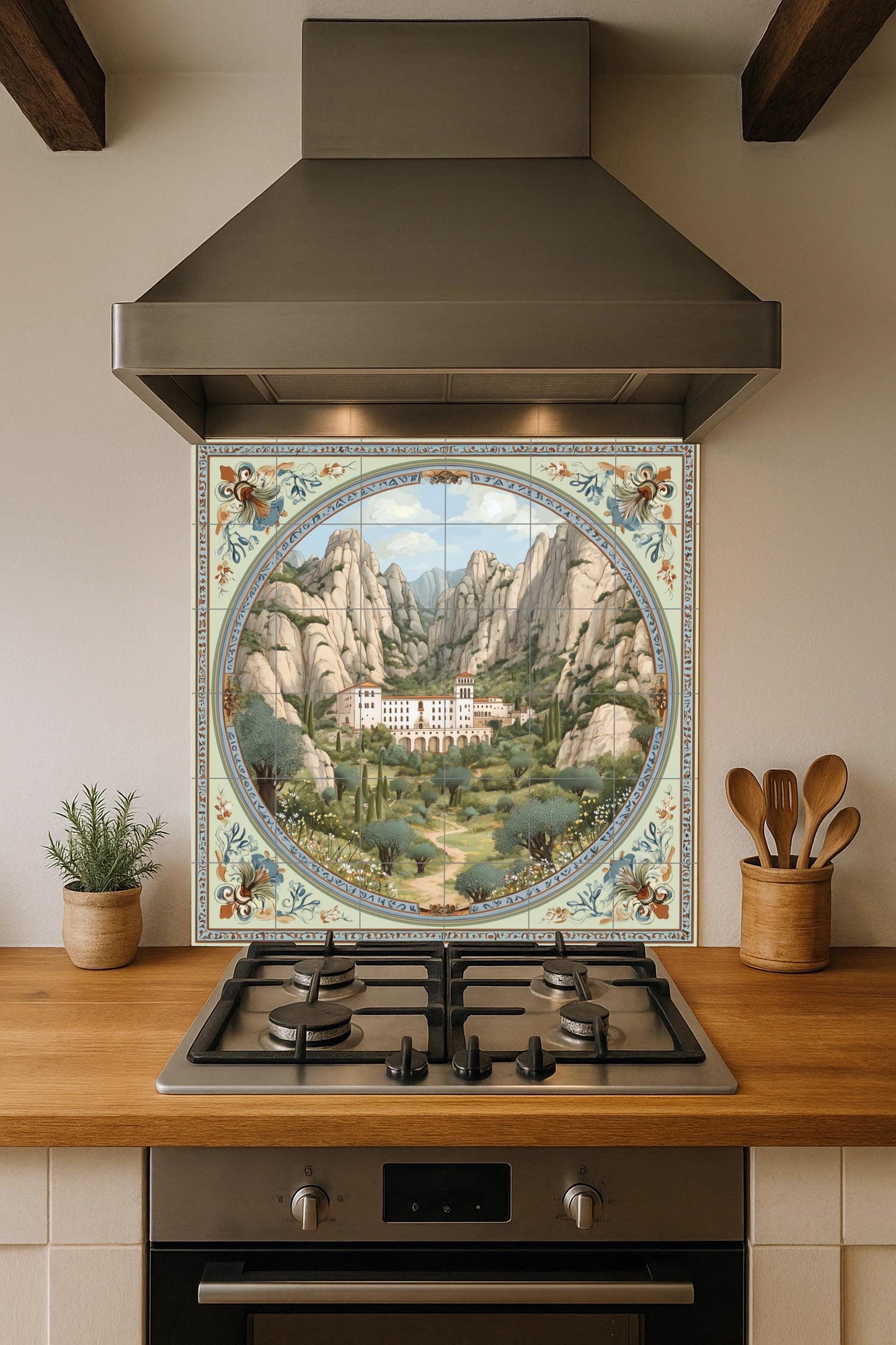 Montserrat tile mural / Catalan landscape art / Spanish wall decoration / Mountain monastery scene / Handmade ceramic tile