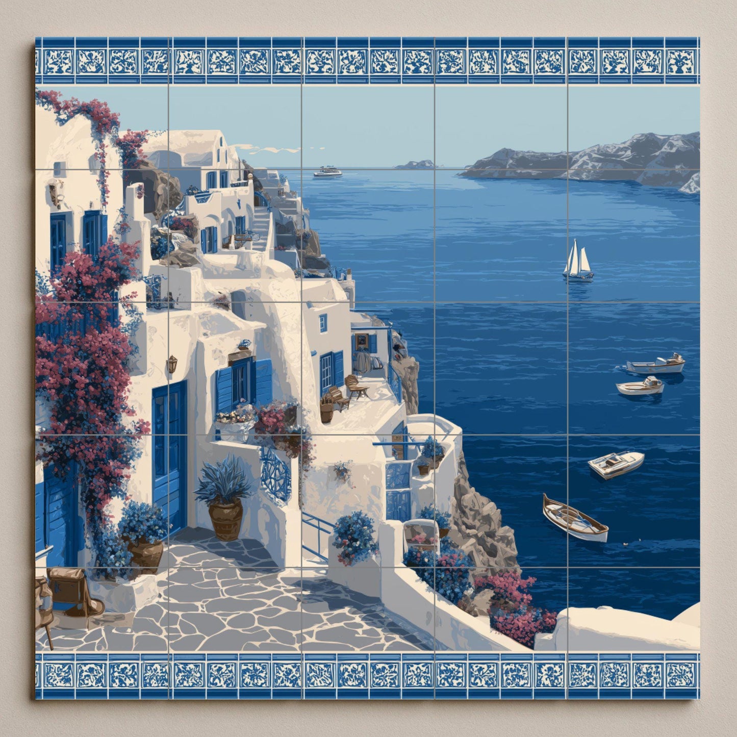 Santorini coastal mural / Greek island mural art / Mediterranean decor / Ceramic tiles with a sea view / Coastal decor / Handmade tile art