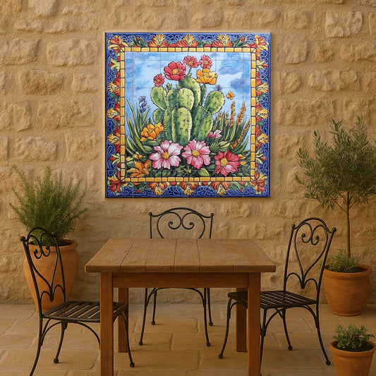 Mexican Cactus Tile Mural / Colorful Desert Floral Wall Art / Vibrant Ceramic Decor / Blooming Flowers and Cactus Patterns / Patio Charm