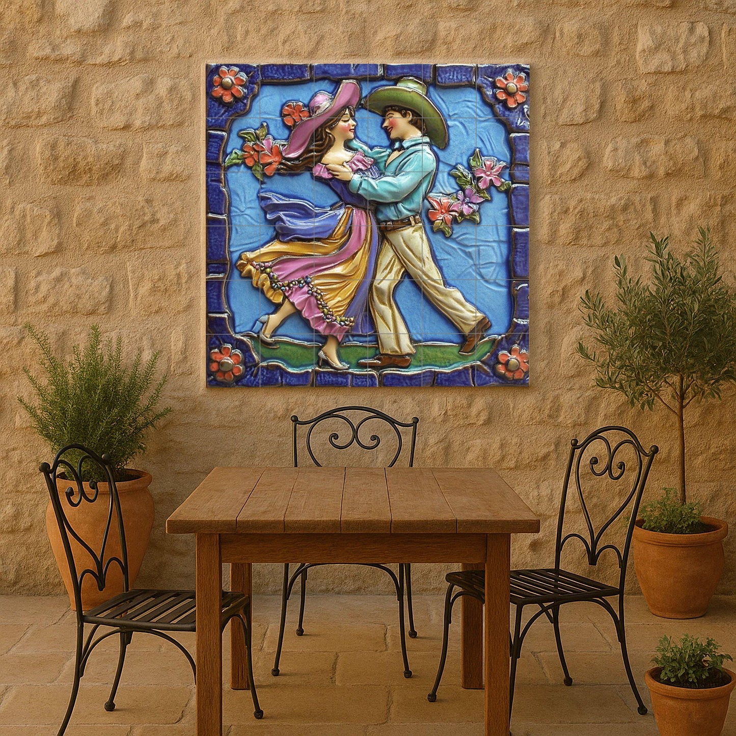 Mexican folk dance tile mural / Handmade ceramic art / Vibrant colors and floral details / Traditional dance scene / Mexican heritage