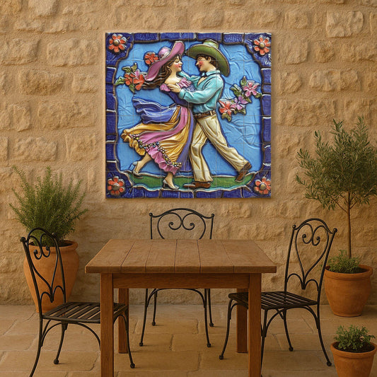 Mexican folk dance tile mural / Handmade ceramic art / Vibrant colors and floral details / Traditional dance scene / Mexican heritage