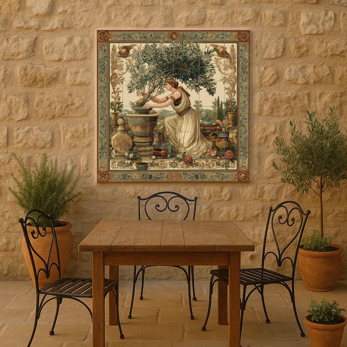 Roman goddess tile mural / Mediterranean mythology decor / Olive tree wall art / Classic ceramic accent / Handcrafted Roman tile