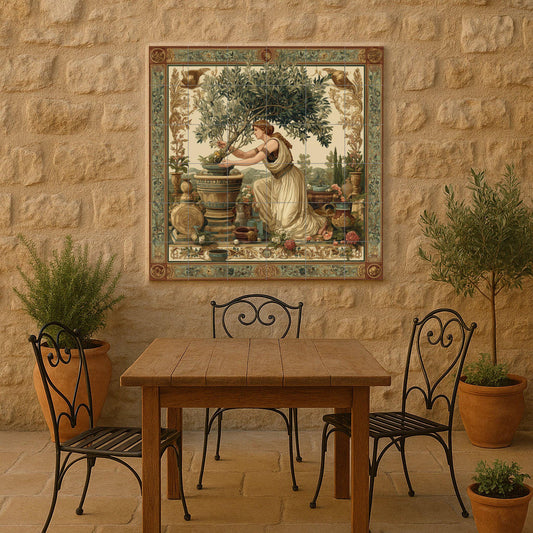 Roman goddess tile mural / Mediterranean mythology decor / Olive tree wall art / Classic ceramic accent / Handcrafted Roman tile
