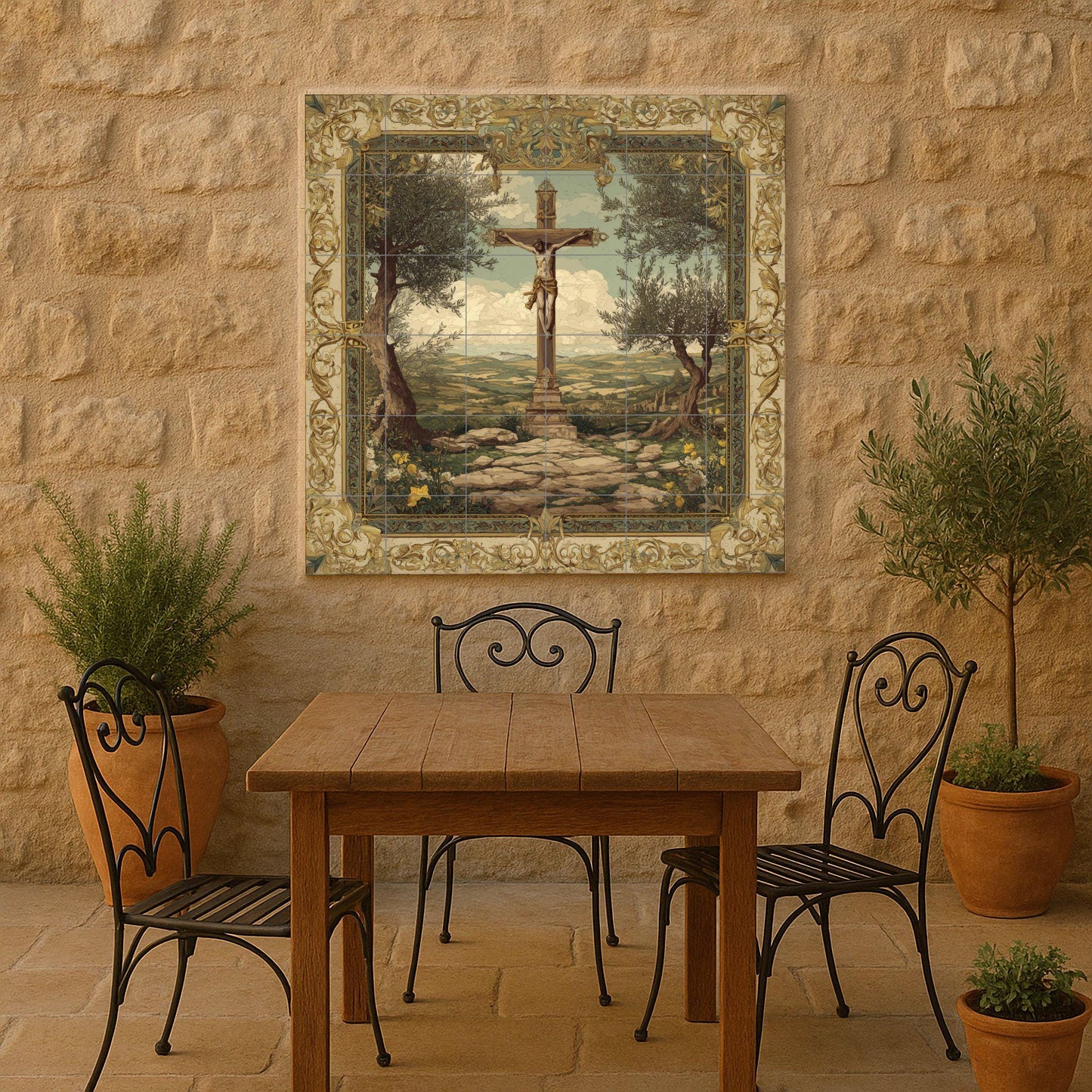 Crucifixion tile mural / Christian mural art / Religious decoration / Sacred ceramic tiles / Accents of faith / Mediterranean olive trees