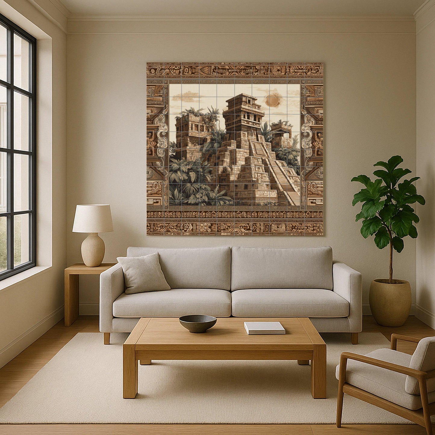 Ceramic mural of a Mayan temple – Tile panel of an ancient civilization – Jungle ruins scene – Wall decoration with cultural accent – Historical heritage decoration