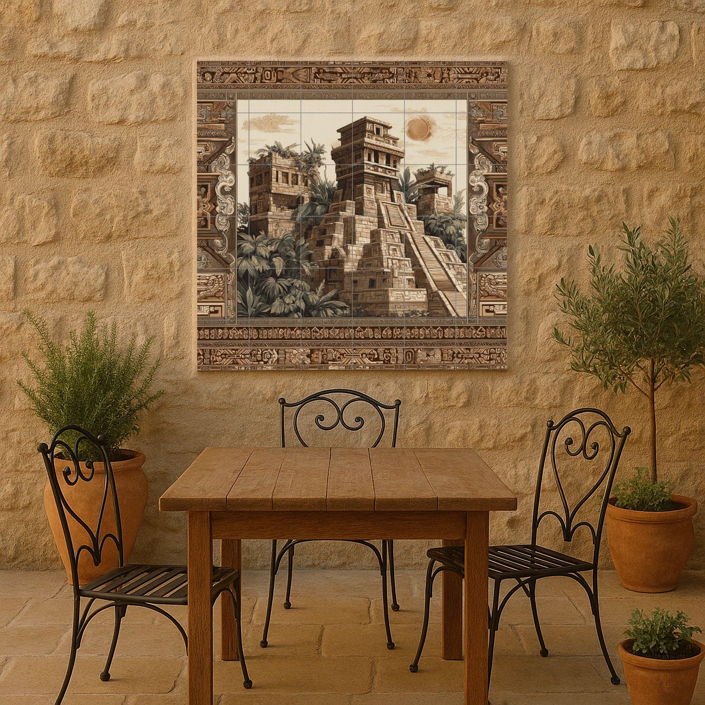 Ceramic mural of a Mayan temple – Tile panel of an ancient civilization – Jungle ruins scene – Wall decoration with cultural accent – Historical heritage decoration