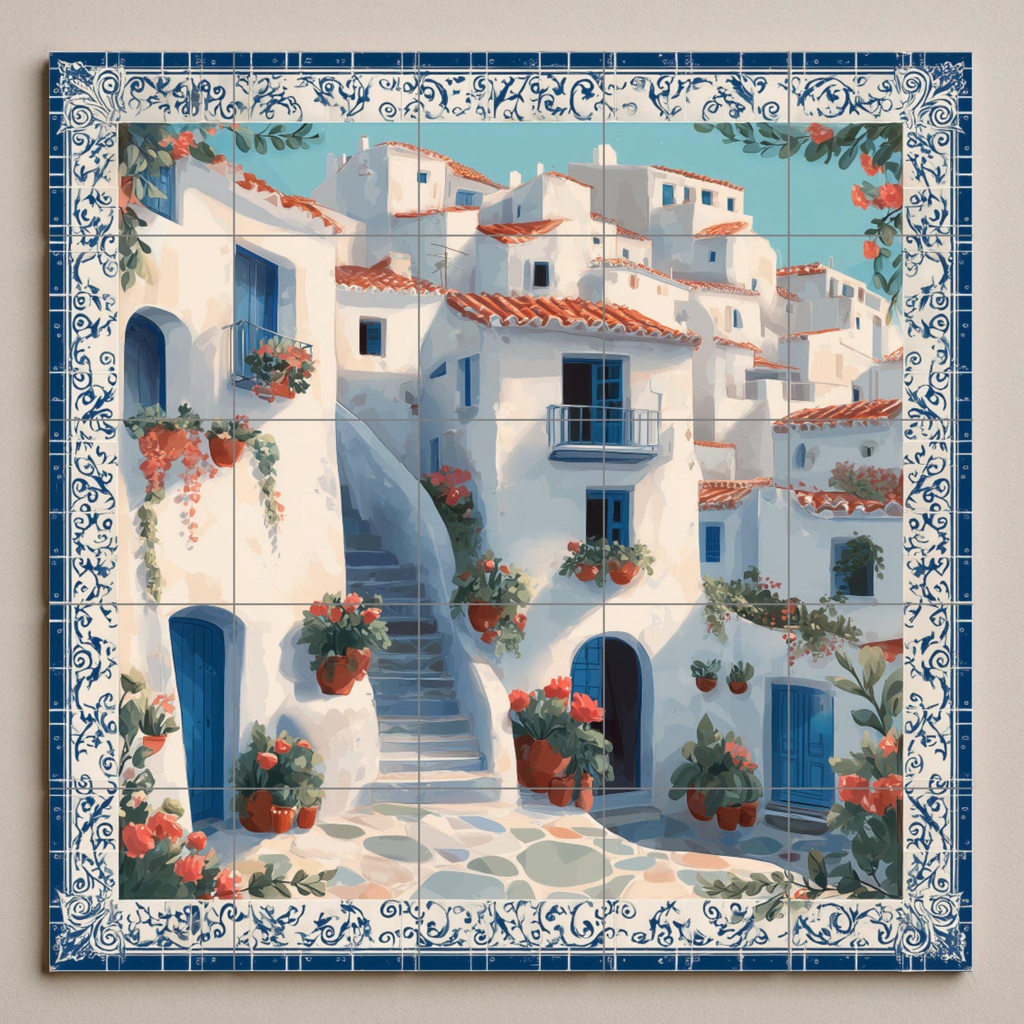 Greek village staircase tile mural, Mediterranean blue door scene, cottage style kitchen panel, summer island style ceramic wall accent