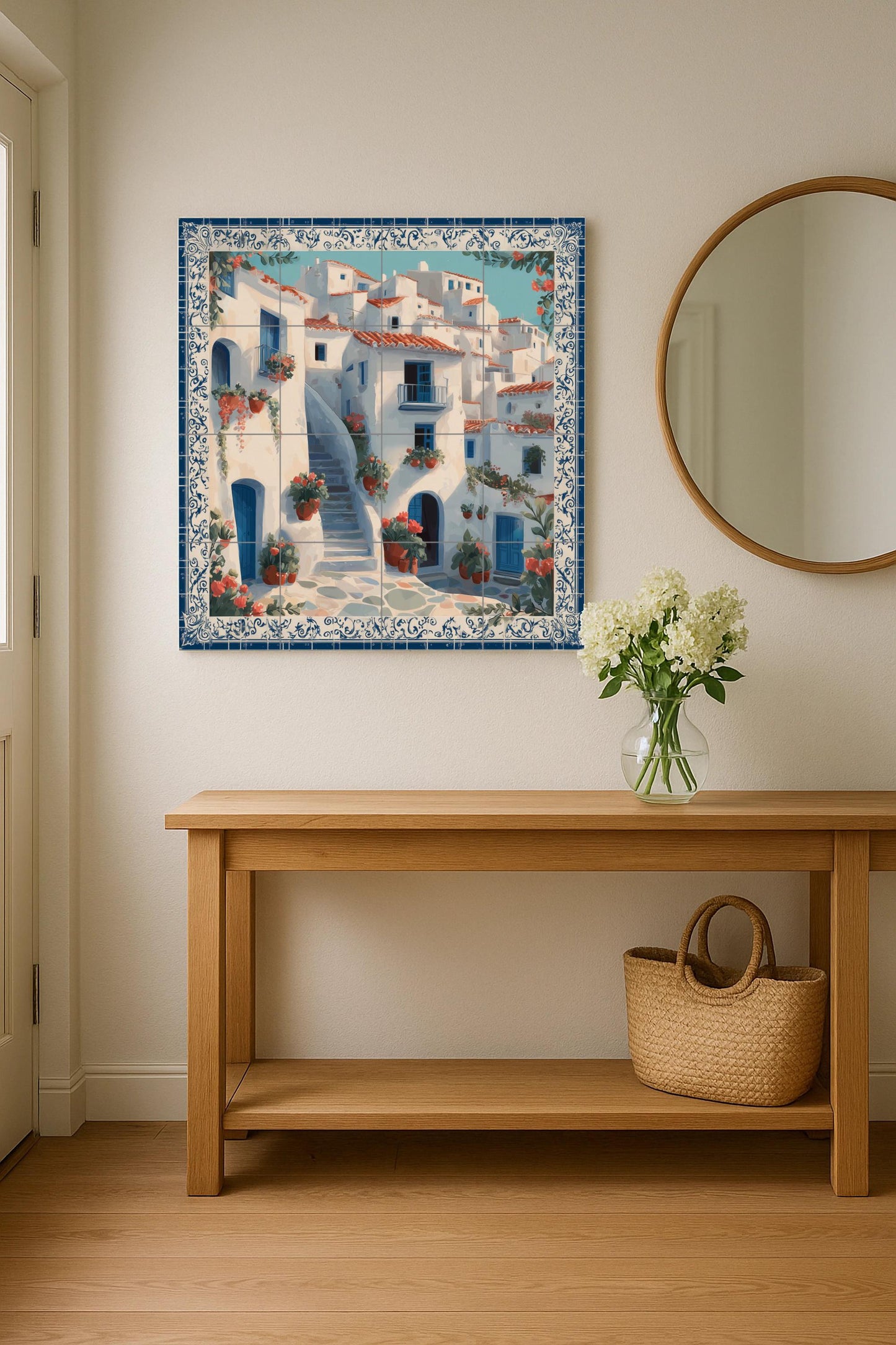 Greek village staircase tile mural, Mediterranean blue door scene, cottage style kitchen panel, summer island style ceramic wall accent