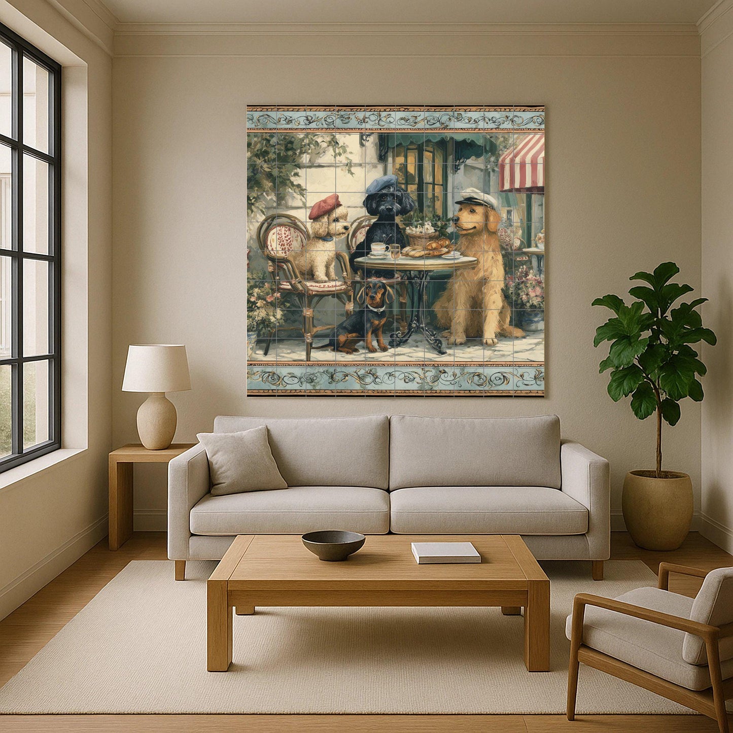 Mural of dogs in a Parisian cafe: ceramic tile panel with poodles and croissants, a bistro scene with a touch of French rustic style kitchen.