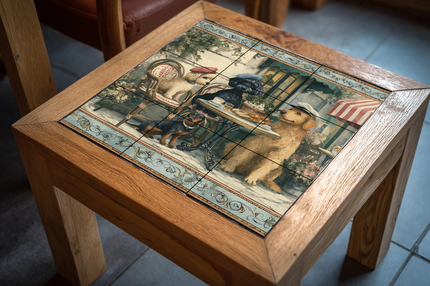 Mural of dogs in a Parisian cafe: ceramic tile panel with poodles and croissants, a bistro scene with a touch of French rustic style kitchen.