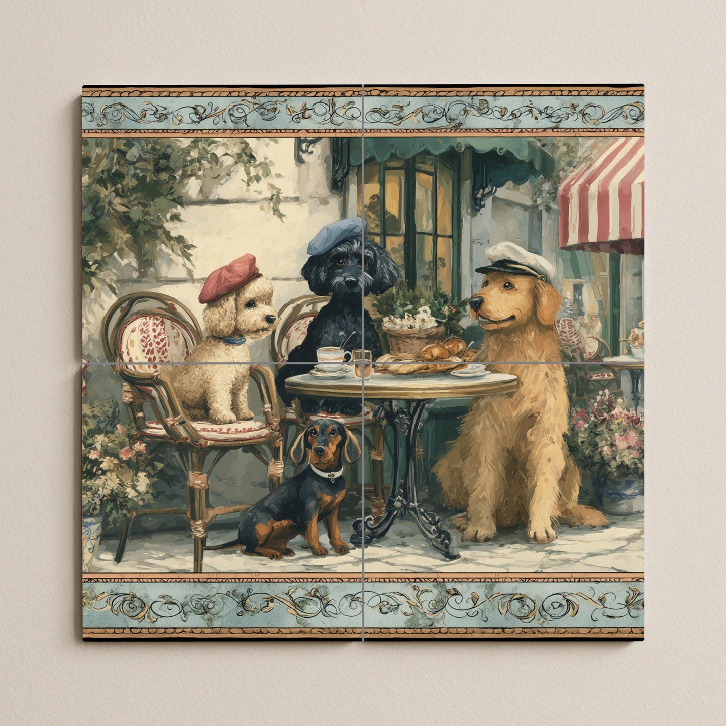 Mural of dogs in a Parisian cafe: ceramic tile panel with poodles and croissants, a bistro scene with a touch of French rustic style kitchen.