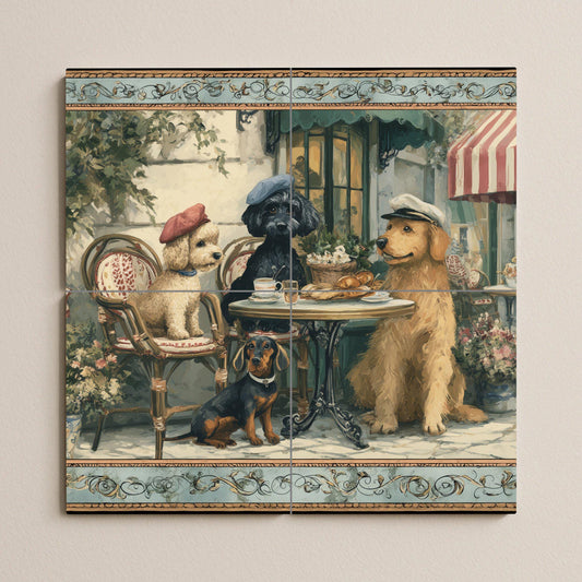 Mural of dogs in a Parisian cafe: ceramic tile panel with poodles and croissants, a bistro scene with a touch of French rustic style kitchen.