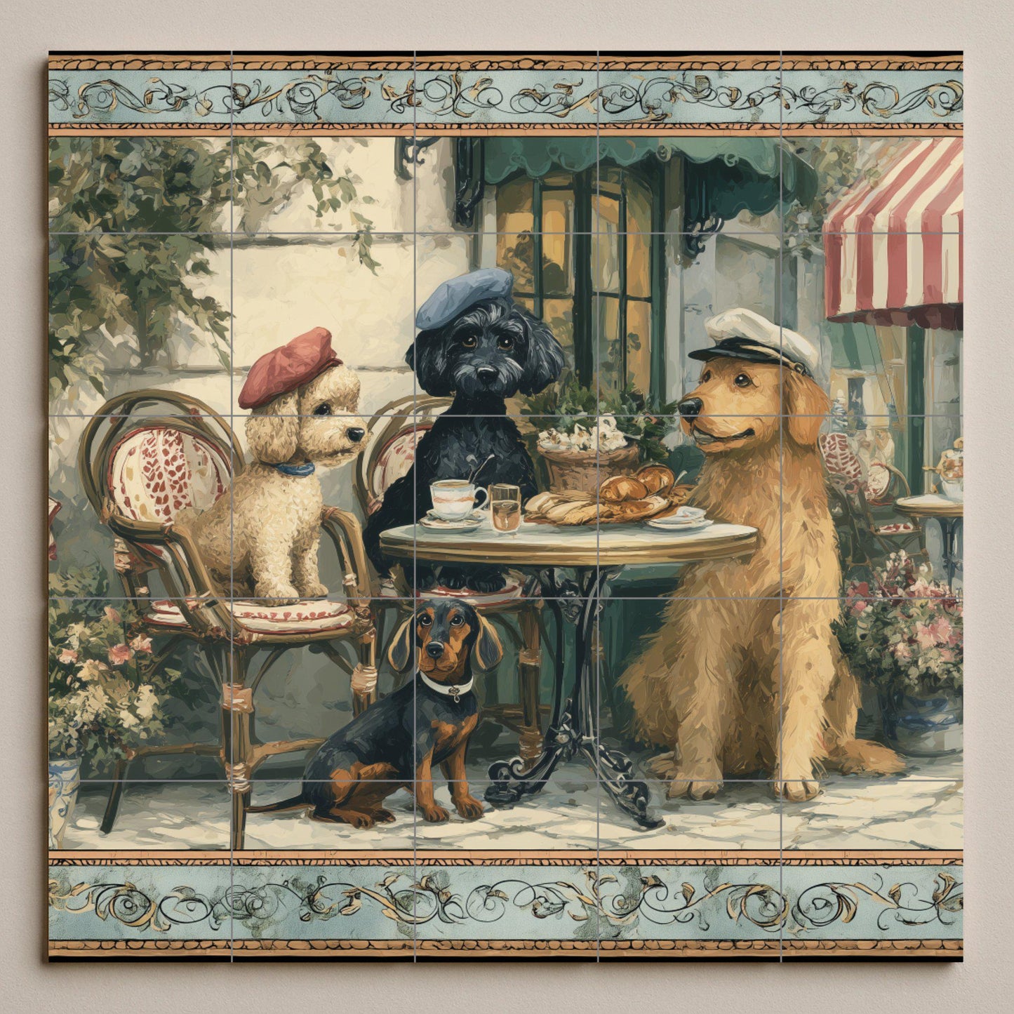 Mural of dogs in a Parisian cafe: ceramic tile panel with poodles and croissants, a bistro scene with a touch of French rustic style kitchen.