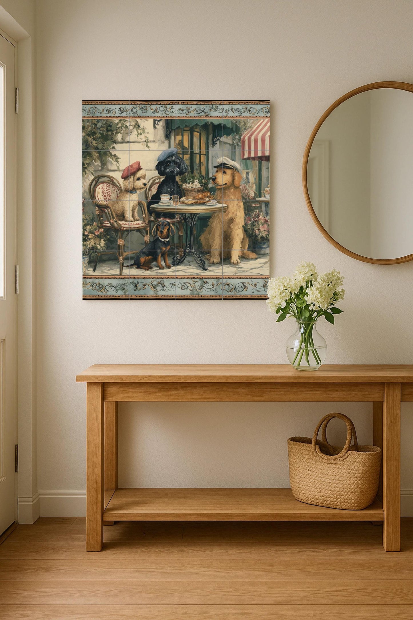 Mural of dogs in a Parisian cafe: ceramic tile panel with poodles and croissants, a bistro scene with a touch of French rustic style kitchen.