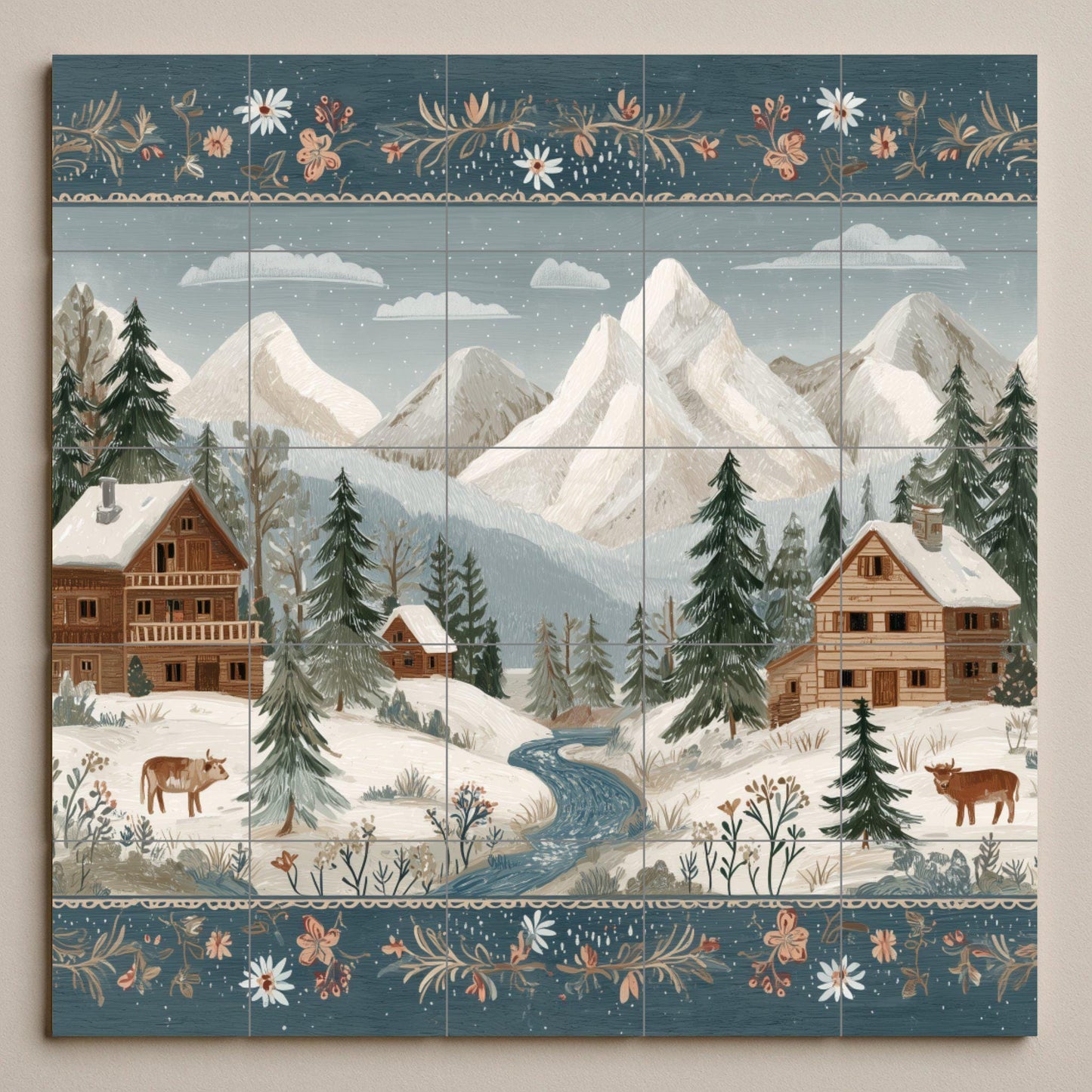 Tile mural of a snowy alpine village: winter cabin scene with mountains, fir trees, and cows. Ceramic wall art for rustic homes and cozy interiors.