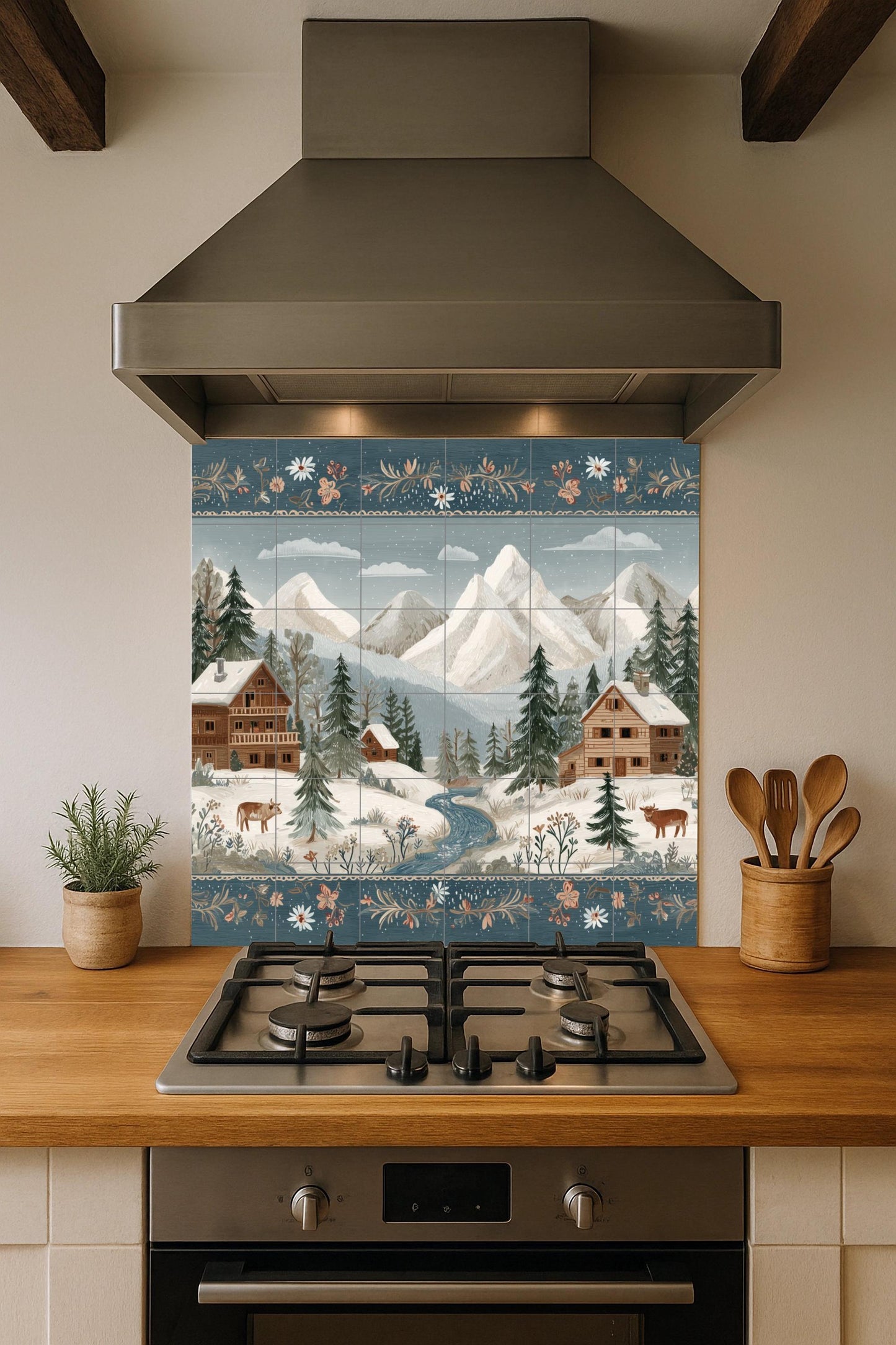 Tile mural of a snowy alpine village: winter cabin scene with mountains, fir trees, and cows. Ceramic wall art for rustic homes and cozy interiors.