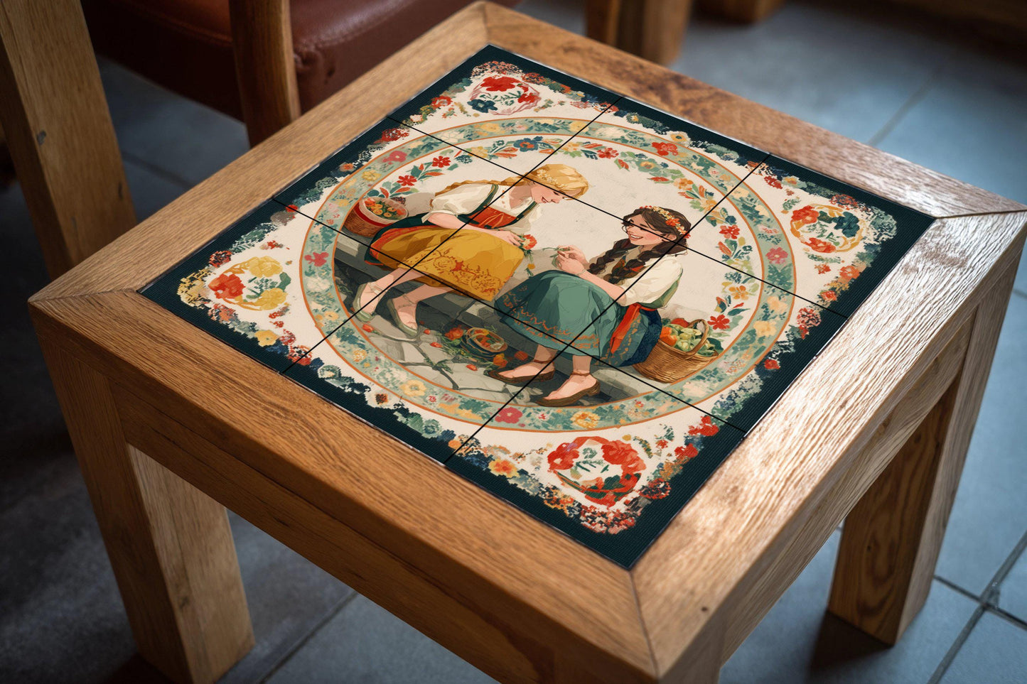 Two girls in traditional costumes with baskets – Storybook hut mural panel – Cultural culinary art – European folklore ceramic scene