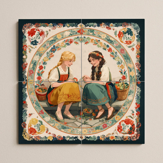 Two girls in traditional costumes with baskets – Storybook hut mural panel – Cultural culinary art – European folklore ceramic scene
