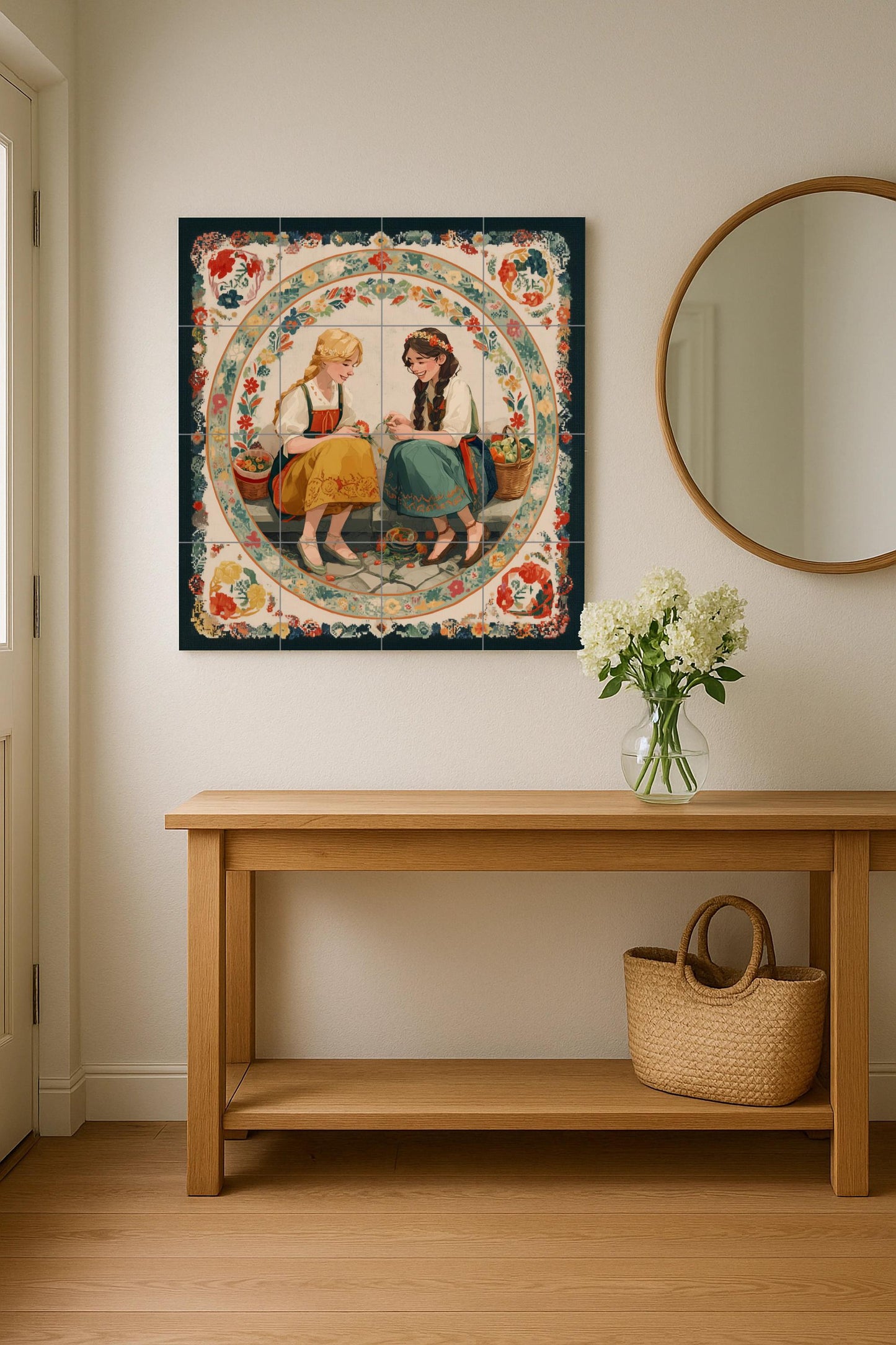 Two girls in traditional costumes with baskets – Storybook hut mural panel – Cultural culinary art – European folklore ceramic scene