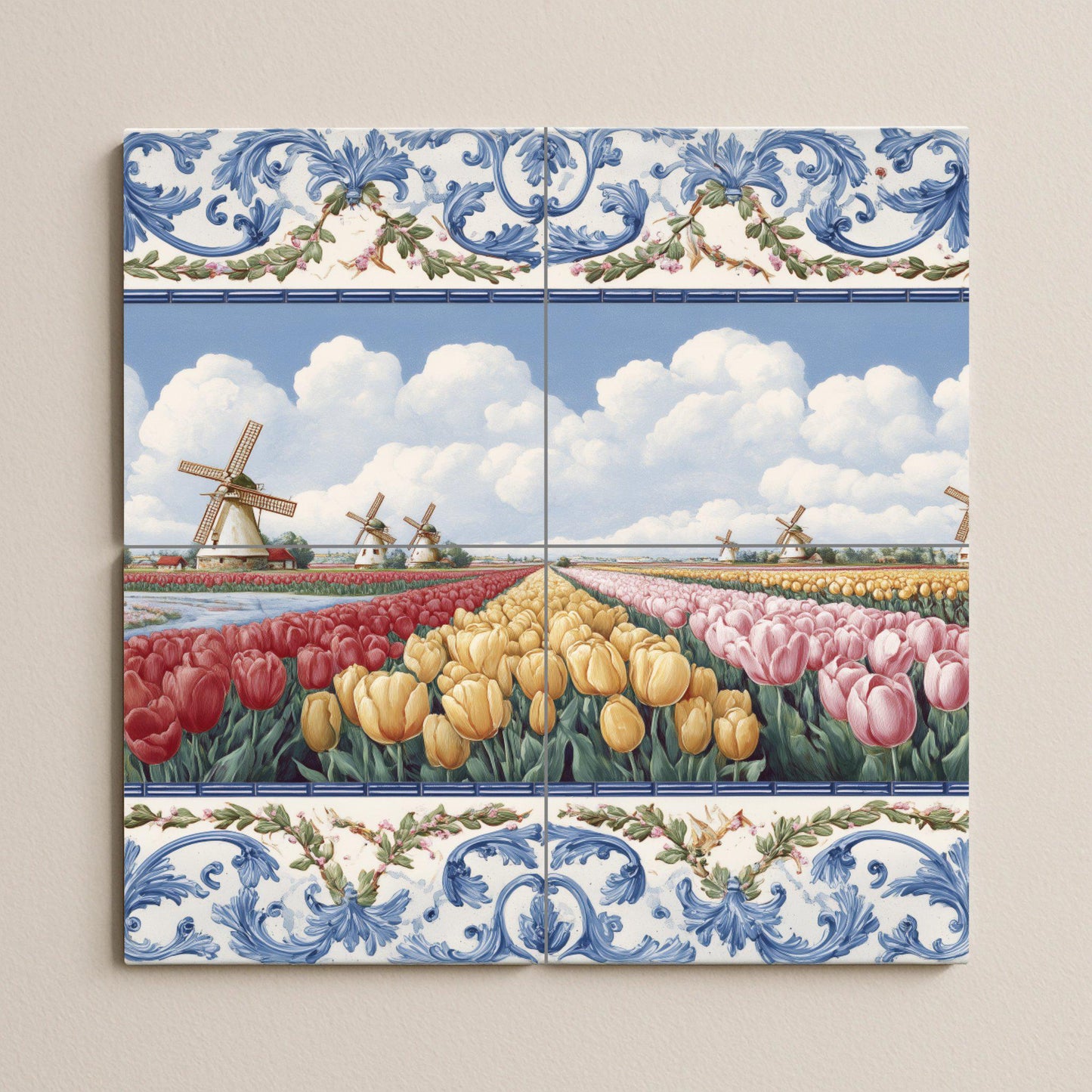 Dutch Tulip Field Mural: Delft-inspired ceramic tile panel, windmill landscape art, floral kitchen decor, European rustic decor
