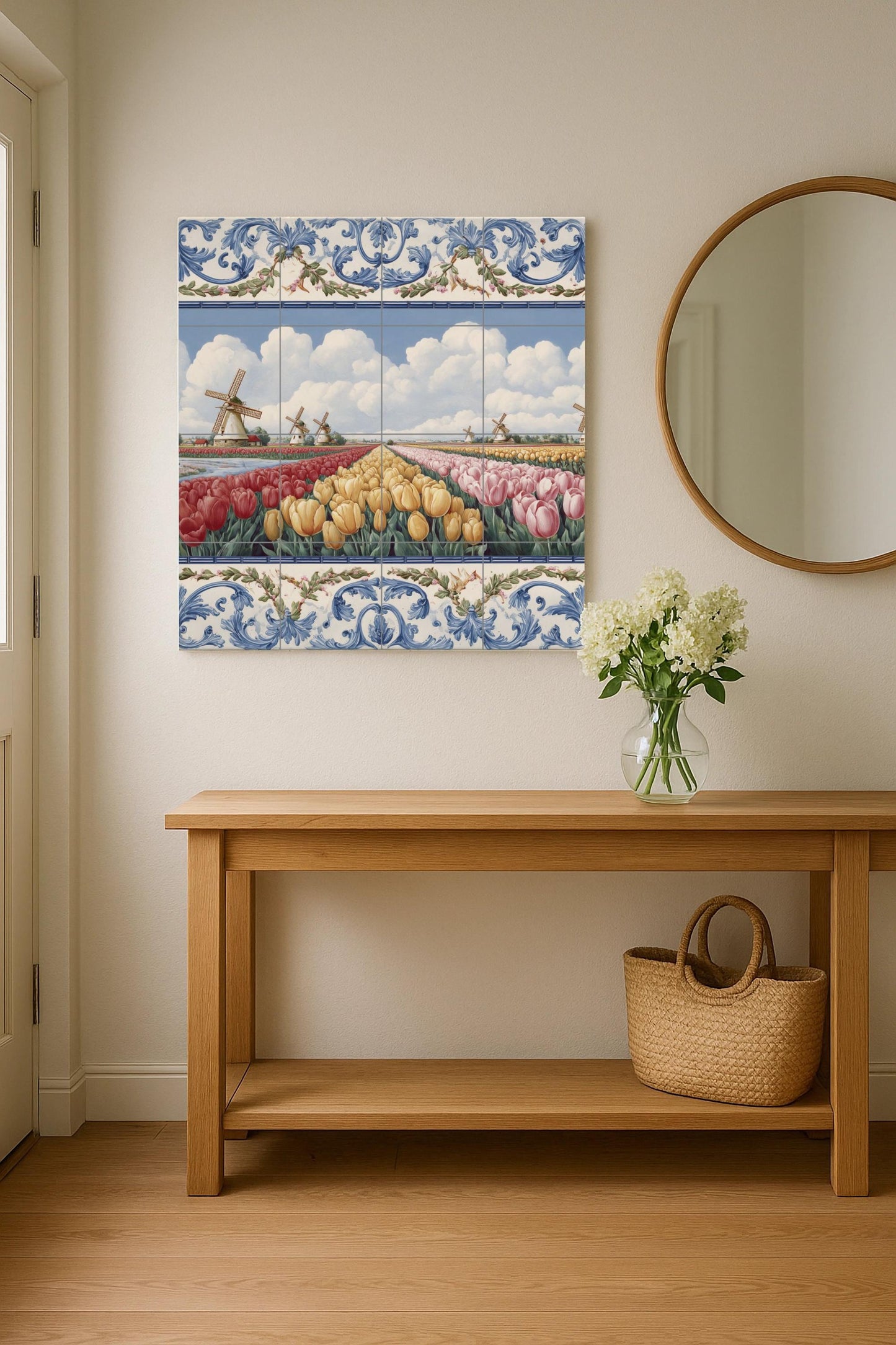 Dutch Tulip Field Mural: Delft-inspired ceramic tile panel, windmill landscape art, floral kitchen decor, European rustic decor