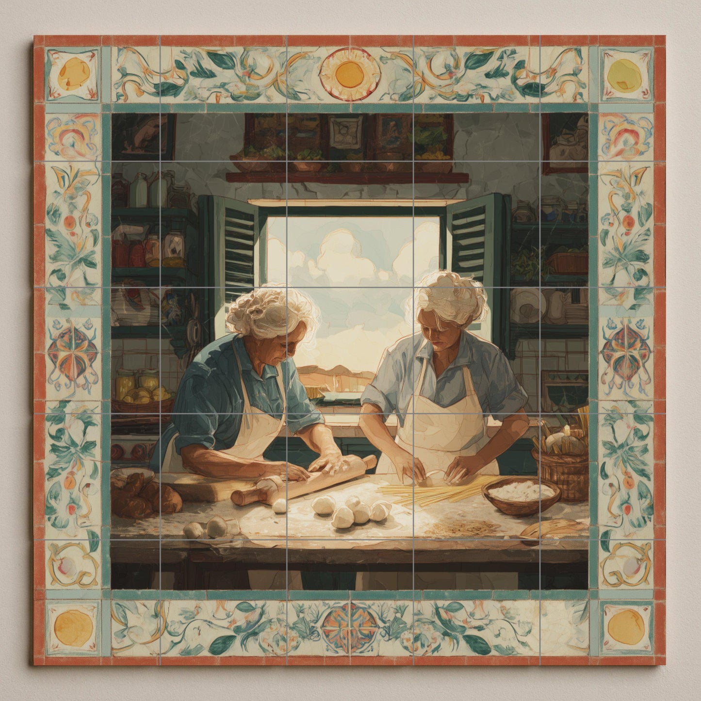 Italian grandmothers preparing pasta – Traditional kitchen tile mural – Rustic culinary scene – Mediterranean ceramic panel – Traditional culinary art