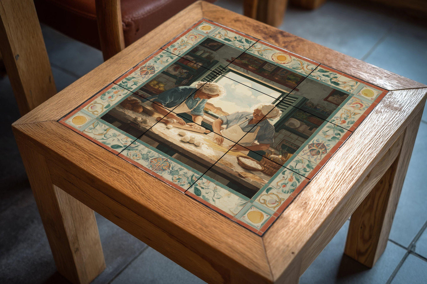 Italian grandmothers preparing pasta – Traditional kitchen tile mural – Rustic culinary scene – Mediterranean ceramic panel – Traditional culinary art