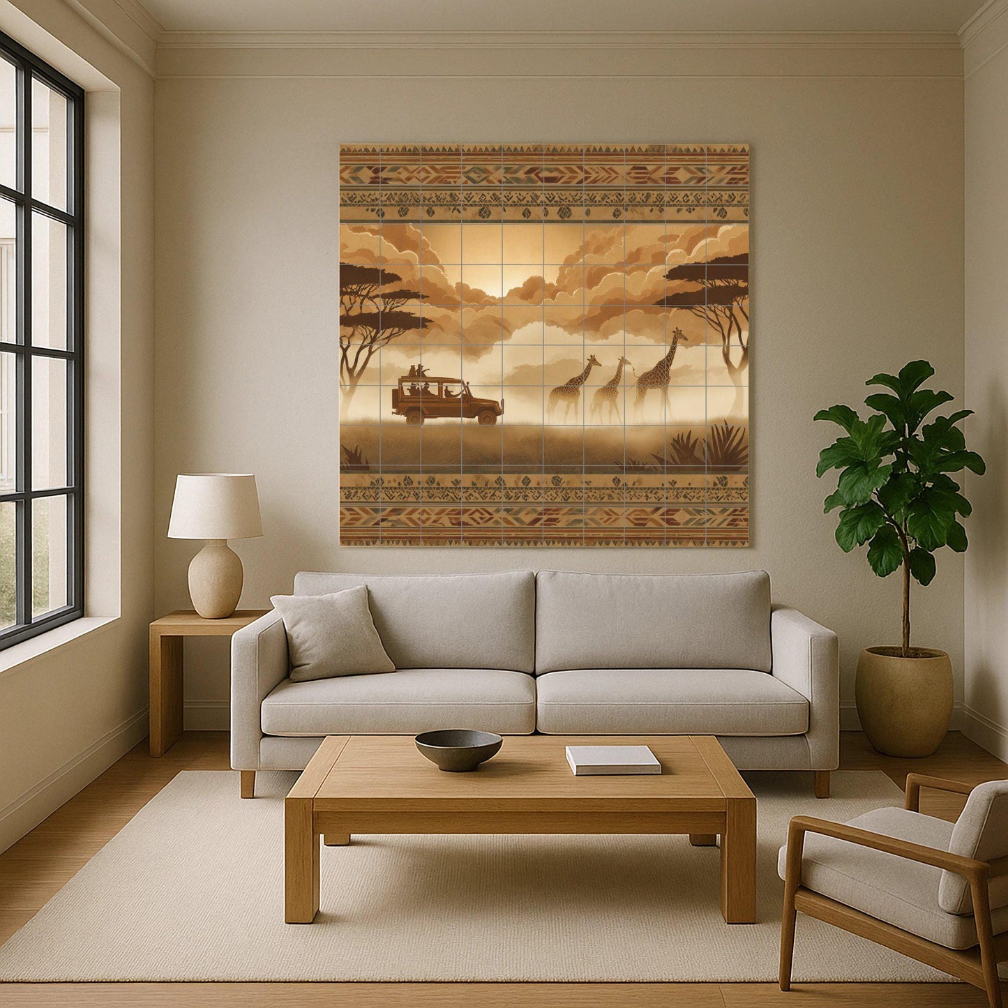 Ceramic mural of safari giraffes: border tribal wildlife panel, Serengeti scene in sepia, cultural mosaic for rustic or adventure decor.